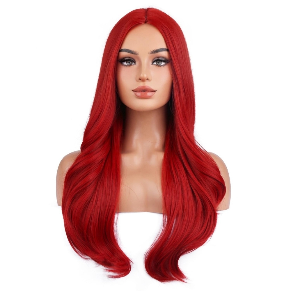 22" Red Long Curly Wavy Wig‎ Middle Part Synthetic